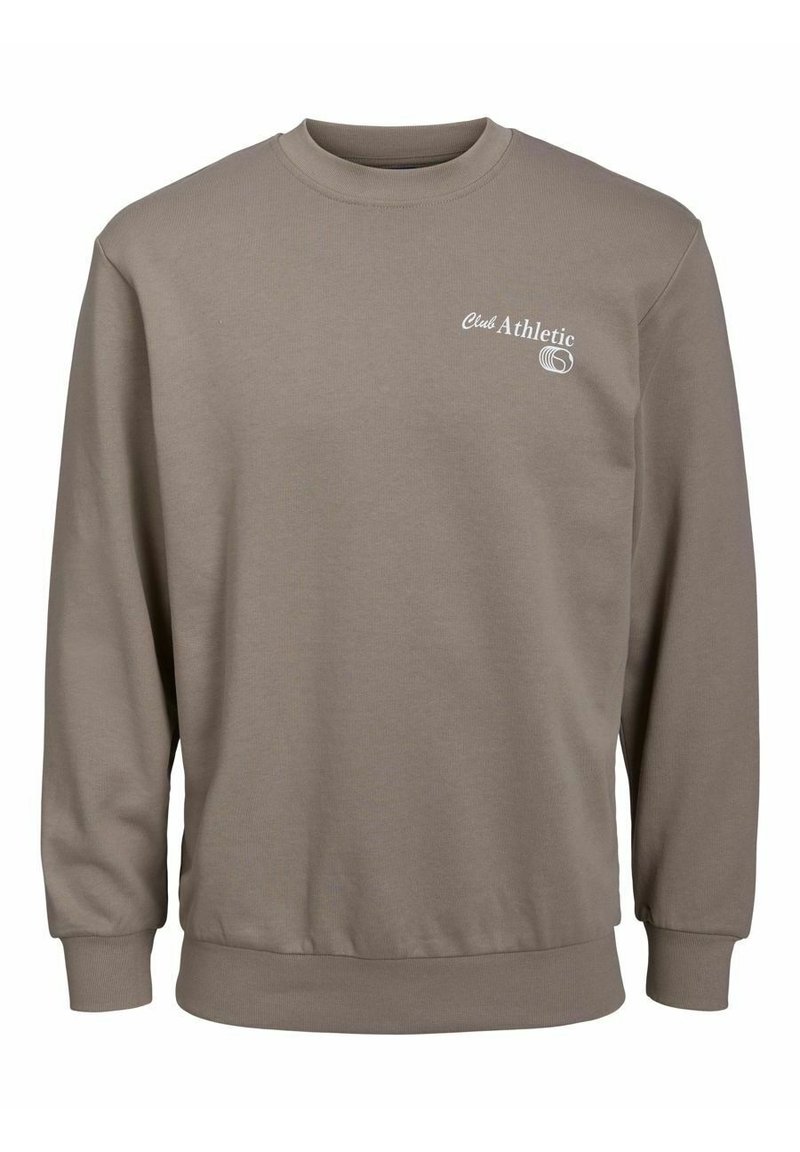 Felpa a girocollo marrone realizzata in tessuto morbido, con il logo bianco "Club Athletic" sul petto e polsini e fondo a costine.
