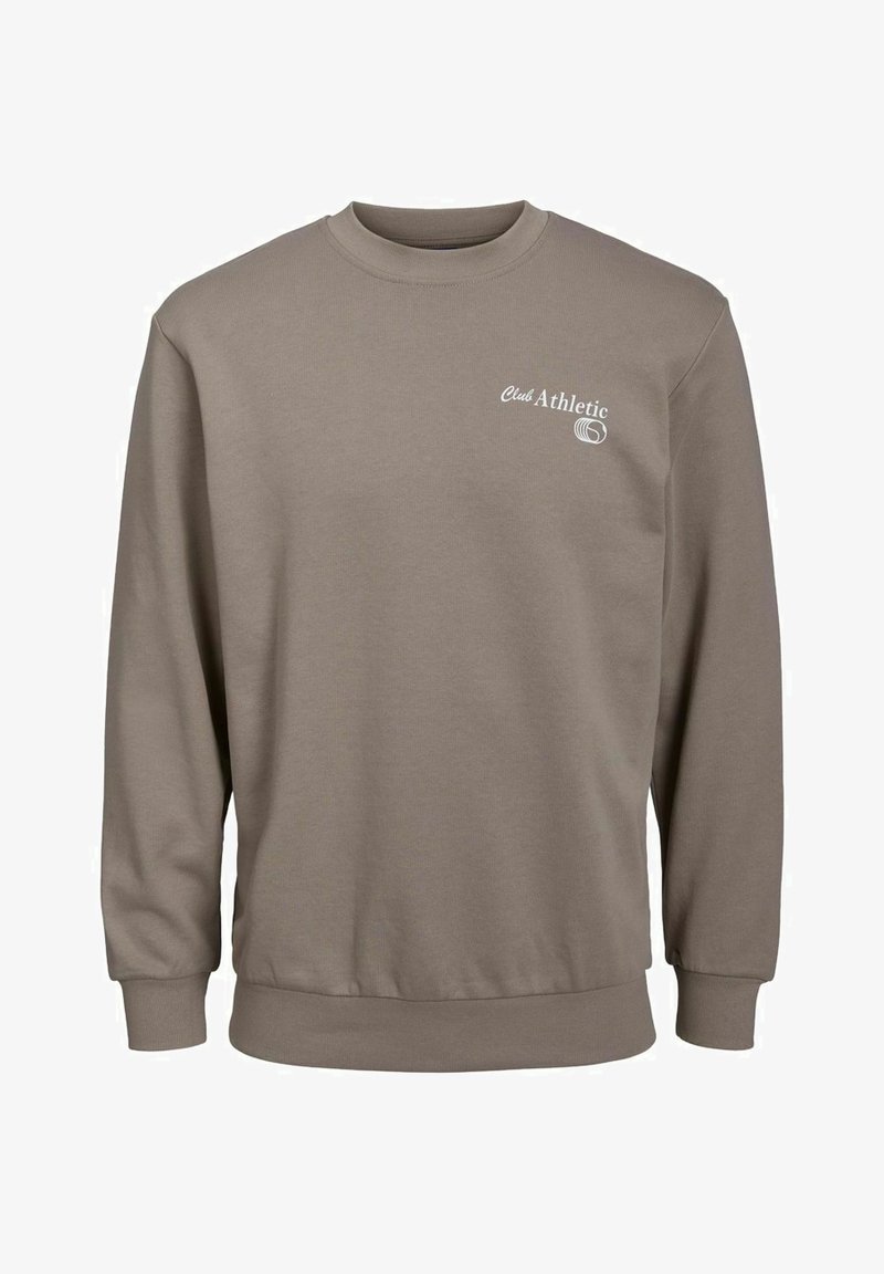 Sudadera de cuello redondo marrón, confeccionada en un tejido suave, con un logotipo blanco de "Club Athletic" en el pecho y puños y dobladillo acanalados.