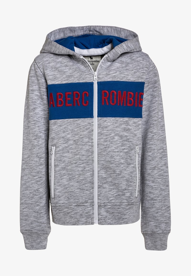 Sudadera con cremallera gris, con una banda azul en el pecho que presenta texto bordado en rojo. Incluye dos bolsillos laterales y una capucha. Textura de tela suave.