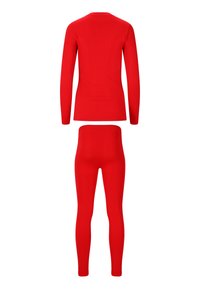 Punainen saumatön pitkähihainen paita ja täyspitkät leggingit, näkyvät selkäpuolelta valkoista taustaa vasten.