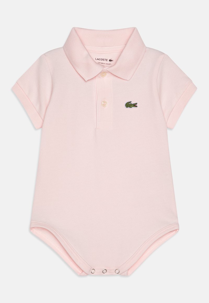 Pink short-sleeve polo bodysuit made of cotton, featuring a collared neck, two button closure, and a green embroidered lacoste logo.
