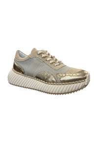 Beige casual sneaker met een metallic gouden accent, een textuur van mesh bovenmaterialen en een dikke ribbelige zool. Gedetailleerd met decoratieve stiksels.