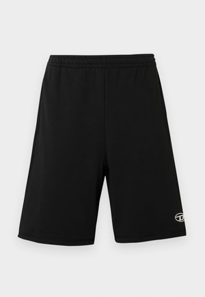 Black athletic shorts made of lightweight fabric, featuring an elastic waistband and a small logo accent on the lower left leg.
