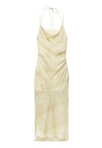 Robe nuisette en satin beige clair avec des motifs linéaires abstraits subtils, fines bretelles spaghetti, lien noué au cou et détails froncés sur les côtés.