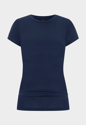 T-shirt en coton bleu marine avec un col rond et des manches courtes. Présente un design ajusté et une texture lisse.