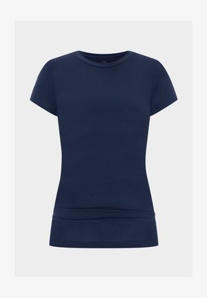 Marineblauw katoenen T-shirt met een ronde halslijn en korte mouwen. Kenmerkt zich door een getailleerd ontwerp en een soepele textuur.