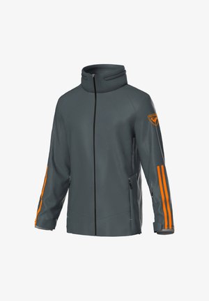 Grå udendørsjakke med høj krave, orange stribede detaljer på ærmerne, to lynlåslommer i siderne og en glat, mat overflade.