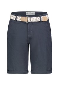 Dark blue shorts made of lightweight fabric, featuring a braided belt with a tan accent. Cuffs neatly rolled at the hem.