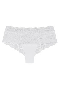 Mutande di pizzo bianco con un motivo floreale, dotate di una ampia fascia in pizzo in vita e pannelli anteriori e posteriori in cotone solido.