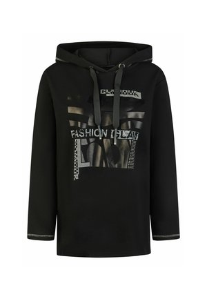 Schwarzer Hoodie mit langen Ärmeln und Kordeln, mit einem grafischen Design mit dem Text "FASHION GLAM" in Weiß und metallischen Akzenten auf der Vorderseite.