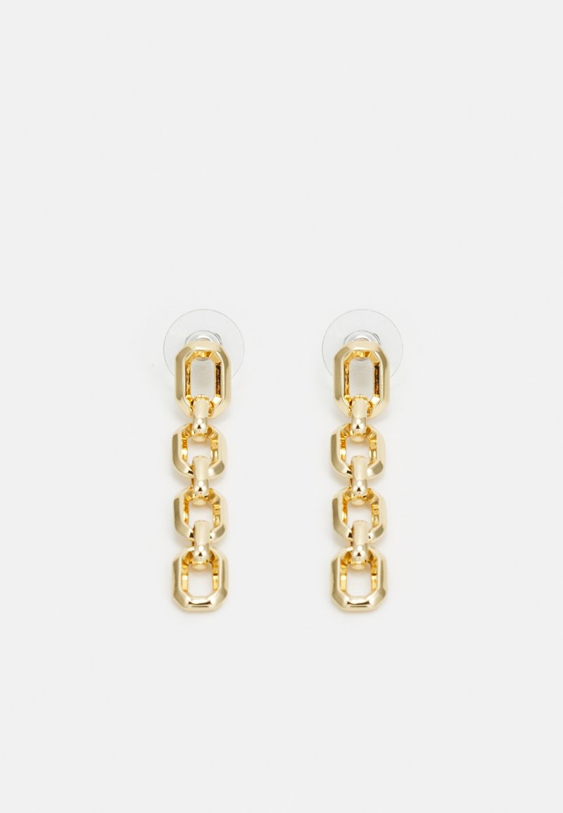 Boucles d'oreilles pendantes en chaîne ton or avec quatre maillons rectangulaires reliés verticalement et des attaches rondes transparentes.