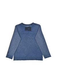 Langarmshirt in zwei Blautönen. Mit "ALPEN RYCHER" in Schwarz auf der Rückseite, rundem Ausschnitt und strukturiertem Stoff.