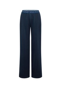 Marineblaue, weit geschnittene Hose mit vertikalen Streifen aus weichem Stoff. Verfügt über einen kontrastierenden Bund mit dem Schriftzug "IMAGINE".