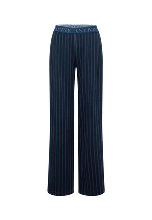Navy wide-leg pants with vertical stripes, made from soft fabric. Features a contrasting waistband with "IMAGINE" text.