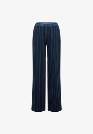 Navy wide-leg pants with vertical stripes, made from soft fabric. Features a contrasting waistband with "IMAGINE" text.
