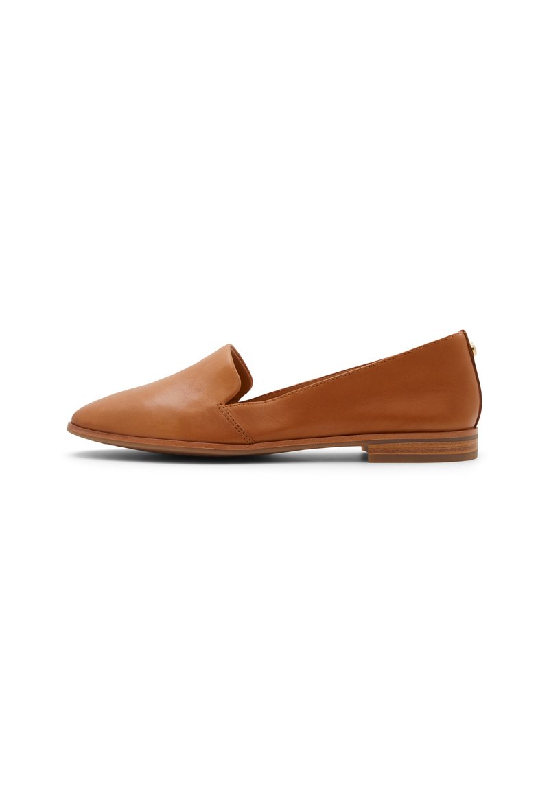 Brown leather women's loafer with pointed toe, low stacked heel, and slip-on design against a white background.