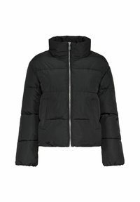 Czarna kurtka puchowa z wysokim kołnierzem, zapięciem na suwak z przodu i dwoma kieszeniami po bokach; ma pikowany wzór i wyściółkę.