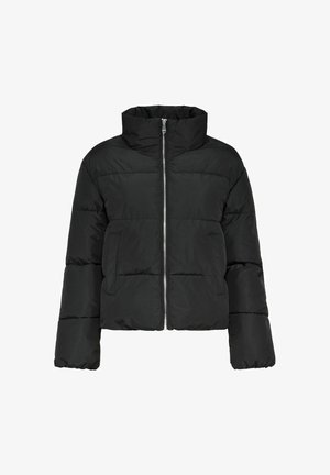 Czarna kurtka puchowa z wysokim kołnierzem, zapięciem na suwak z przodu i dwoma kieszeniami po bokach; ma pikowany wzór i wyściółkę.