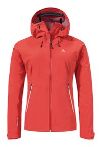 Red waterproof jacket with a hood, zippered front, and two side pockets. Features adjustable drawstrings and a sleek, smooth texture.