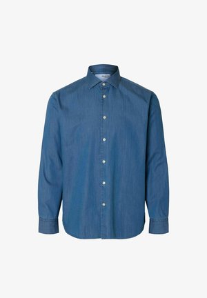 Denimhemd, hellblau, lange Ärmel, durchgehende Knopfleiste mit weißen Knöpfen, klassischer Kragen, leicht strukturierter Stoff, ohne Muster.