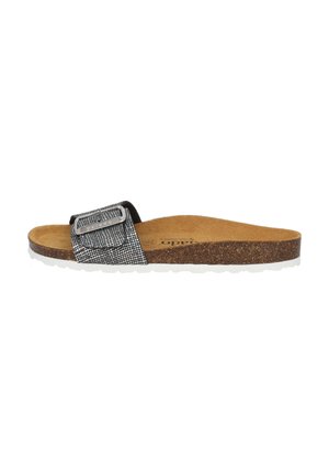 Slide sandal in black and silver synthetic with a textured strap, cork insole, and white rubber outsole with a wavy edge.