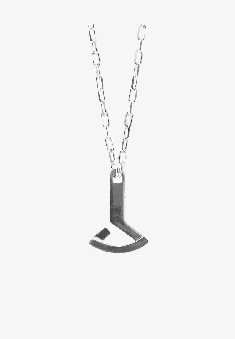 Silver metal necklace with a geometric pendant featuring angular shapes, a curved bottom, and an accent line on one side. Chain is linked.