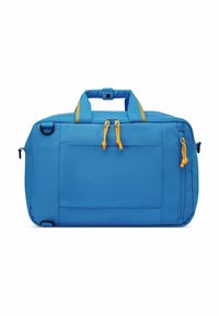 Borsa a tracolla blu con forma rettangolare, tessuto testurizzato, dettagli in giallo su due tracolle, tasca laterale con zip e manici superiori per un facile trasporto.