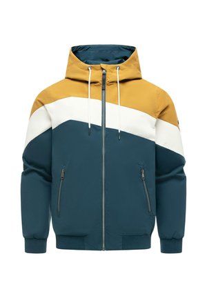 Kurtka z kapturem w kolorowych blokach: musztardowa żółć, biel i ciemna morska zieleń, z zamkiem błyskawicznym z przodu, dwoma kieszeniami na zamek i regulowanymi sznurkami.