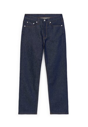 Dark blue denim jeans with a straight cut, featuring five pockets, contrasting orange stitching, and a metal button closure at the waist.