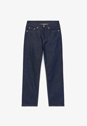 Dark blue denim jeans with a straight cut, featuring five pockets, contrasting orange stitching, and a metal button closure at the waist.