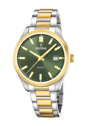 Orologio da polso con cinturino bicolore in metallo oro e argento, quadrante verde, indici e lancette dorati, data a ore 3 e logo Festina sotto le 12.