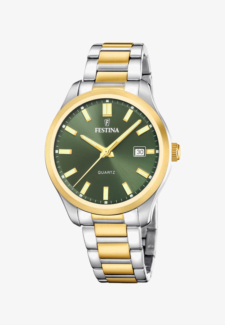 Montre bracelet en métal or et argent avec cadran vert, marqueurs d'heure dorés, aiguilles, affichage de la date à 3 heures, et logo Festina sous 12 heures.