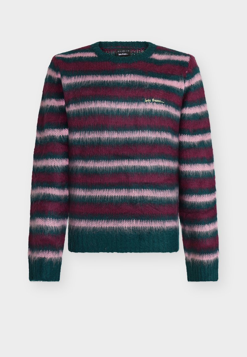 Pruhovaný sveter v tónoch tyrkysovej, bordovej a ružovej farby. Vyrobený z textúrovaného pleteného materiálu s rebrovanými manžetami. Na hrudi má vyšívaný nápis „lets trans...“.