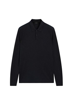 Polo noir à manches longues avec deux boutons et un col, présenté à plat sur un fond blanc.