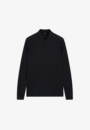Sort langærmet polo skjorte med to knapper og en krave, vist fladt på en hvid baggrund.