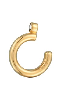 Guldtonet buet øreringe-komponent med en glat, poleret overflade og en lille, klar ædelsten som accent øverst.