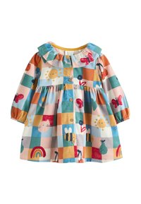 Robe pour enfants à motifs pastel représentant un soleil, un chat et une abeille. Tissu doux, col arrondi et fermeture à bouton. Manches longues.