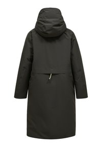 Lange, dunkelgrüne Parkajacke mit Kapuze, Kordelzug in der Taille und ohne sichtbare Verschlüsse. Glattes, wasserabweisendes Material mit lockerem Schnitt.