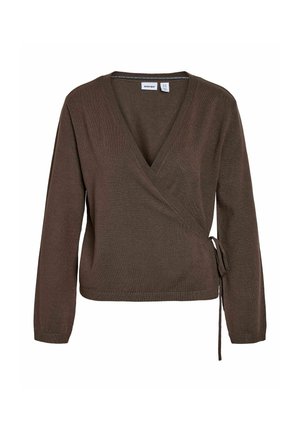 Hnědý zavinovací svetr s dlouhými rukávy, výstřihem do V a zavázaným bočním detailem. Vyrobený z měkké látky s hladkou texturou.