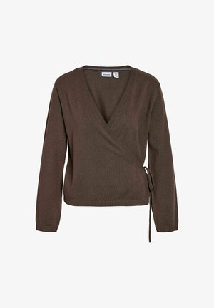 Hnědý zavinovací svetr s dlouhými rukávy, výstřihem do V a zavázaným bočním detailem. Vyrobený z měkké látky s hladkou texturou.