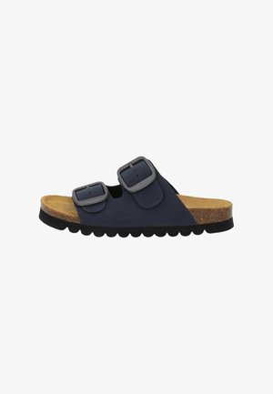 Marineblauwe sandalen met open neus, voorzien van twee verstelbare gespsluitingen, een voetbed van kurk en een zwarte geribbelde zool.