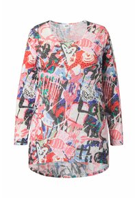 Langärmeliges Oberteil aus leichtem, transparentem Stoff mit einem mehrfarbigen abstrakten Muster in Rot-, Blau- und Grüntönen, Rundhalsausschnitt und abgerundetem Saum.