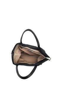 Svart tote-väska med slät yta, dubbla handtag och dragkedjestängning. Inuti finns en beige foder och en liten ficka med dragkedja.