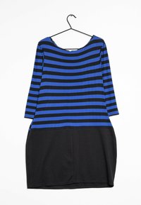 Black and blue striped dress, with a scooped neckline and three-quarter sleeves. The top features blue stripes on a black background.
