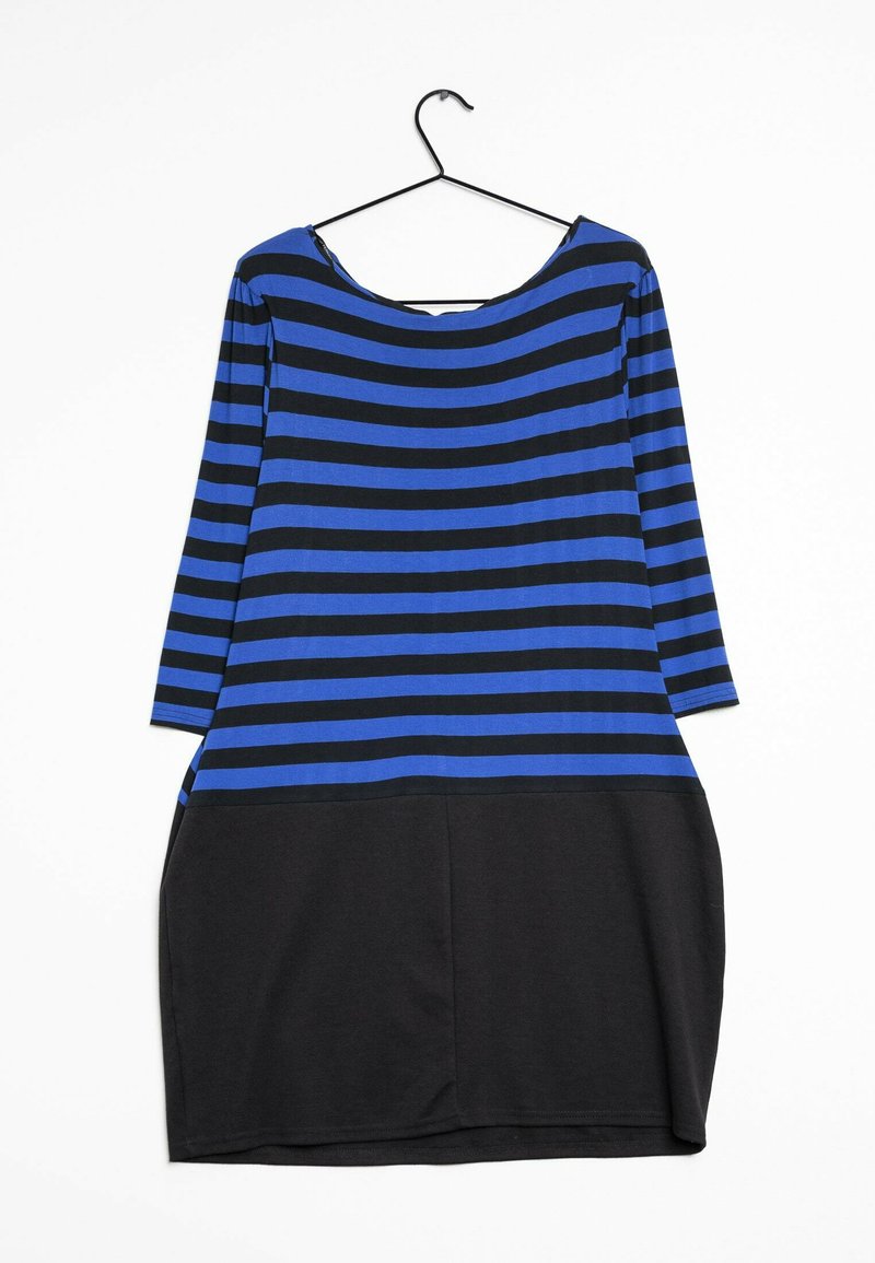 Black and blue striped dress, with a scooped neckline and three-quarter sleeves. The top features blue stripes on a black background.