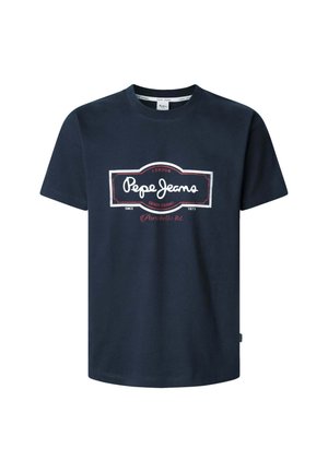 T-shirt en coton bleu marine avec un graphique sur le devant portant le texte "Pepe Jeans" et des accents décoratifs en blanc et rouge. Manches courtes, col rond.
