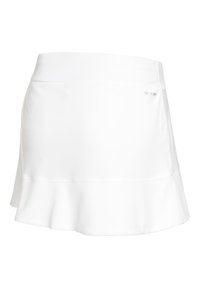 Weißer sportlicher Skort mit einem ausgestellten Saum, aus feuchtigkeitsableitendem Material. Verfügt über einen glatten Bund und dezente Branding am Rand.