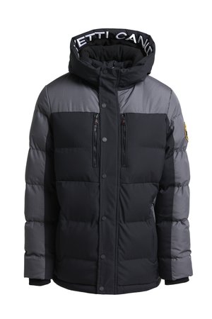 Giacca imbottita nera e grigia, dotata di cappuccio, tasche sul petto con zip e dettaglio del logo sul colletto. Design trapuntato e testurizzato.
