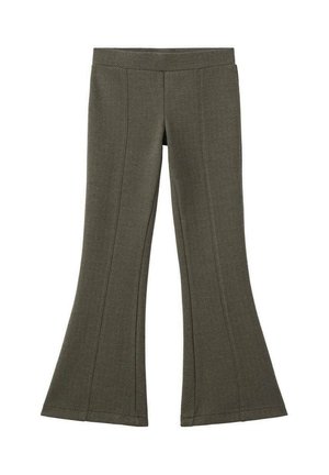 Pantalons évasés en olive à motif chevrons avec une taille ajustée et des détails de couture le long de l'avant de chaque jambe.