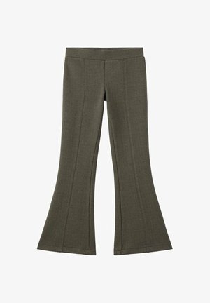 Pantalons évasés en olive à motif chevrons avec une taille ajustée et des détails de couture le long de l'avant de chaque jambe.